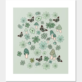 Light Green and Sage Flowers Butterflies and Mushrooms Cottagecore Aesthetic Posters and Art